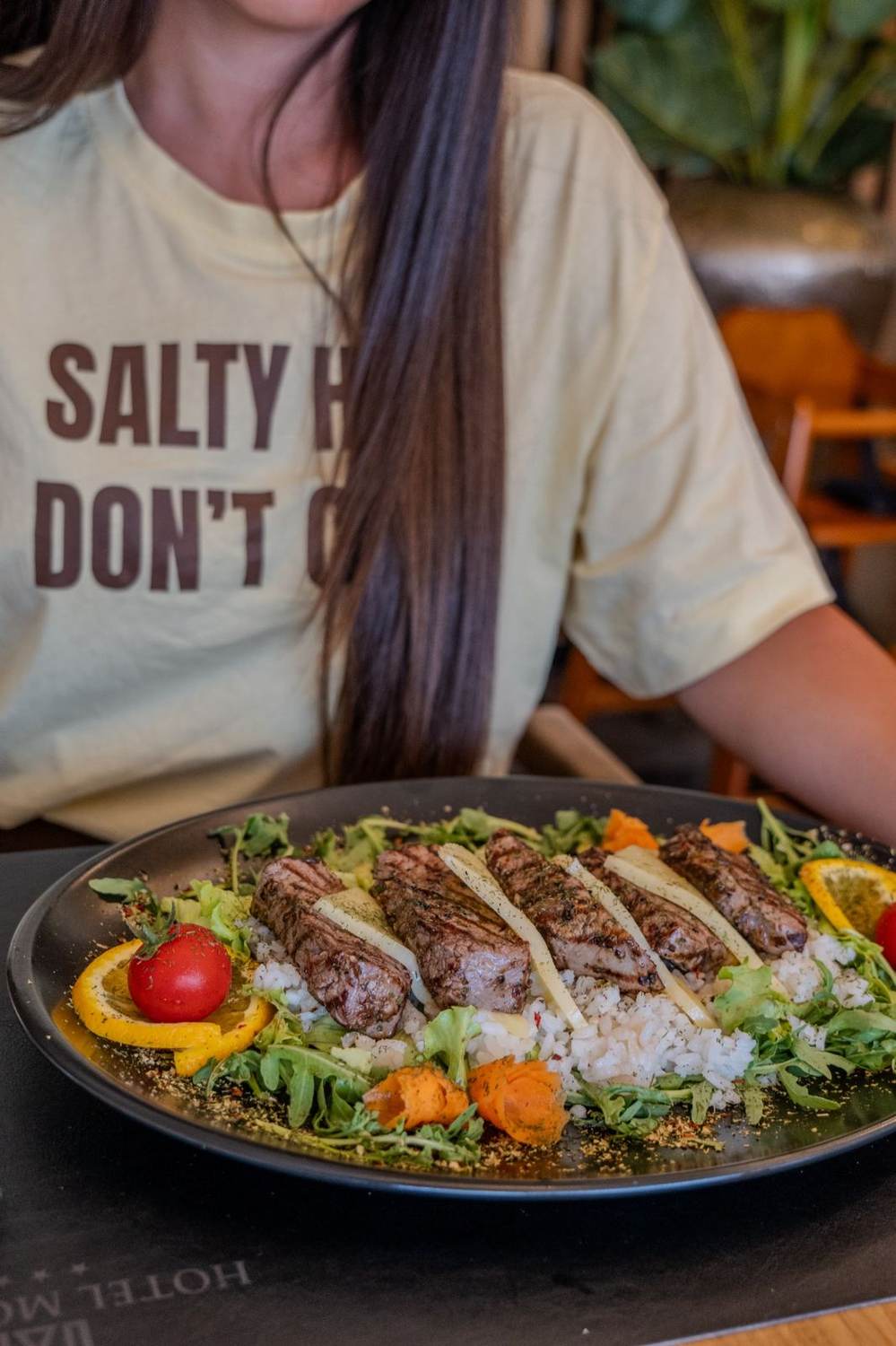 Steak salad served in restaurant